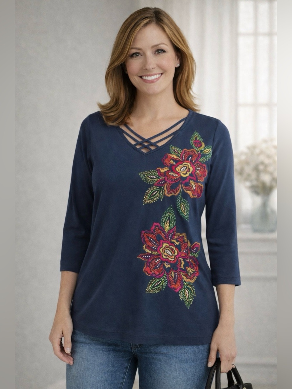 Alfred Dunner Navy Long-Sleeve Top with Pink & Green Floral Embroidery